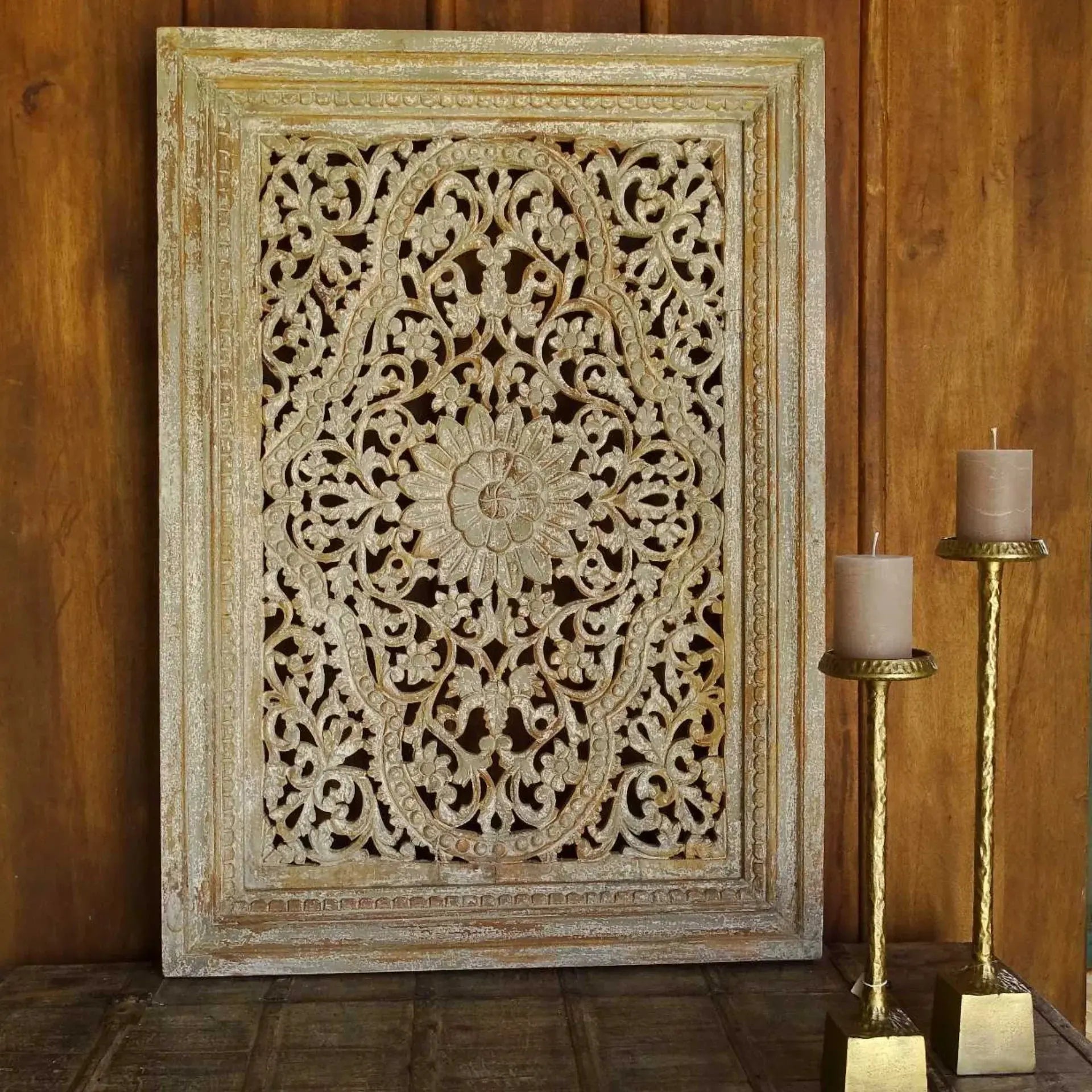 Hand‑Carved Mango Wood Wall Panel — Distressed Beige, Lotus Medallion with Scrolling Acanthus, 74 × 106 × 6 cm Headboard  3D wall decor jlhomedecor2021.myshopify.com