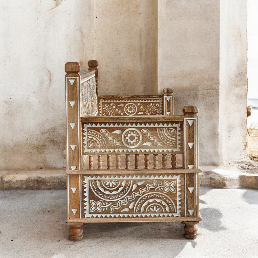 The Maharaja Wooden Sofa Set | 3+2+1 Handmade Mango Wood Seating ( White Engraving )