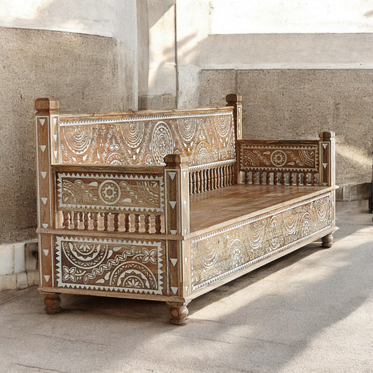 The Maharaja Wooden Sofa Set | 3+2+1 Handmade Mango Wood Seating ( White Engraving )