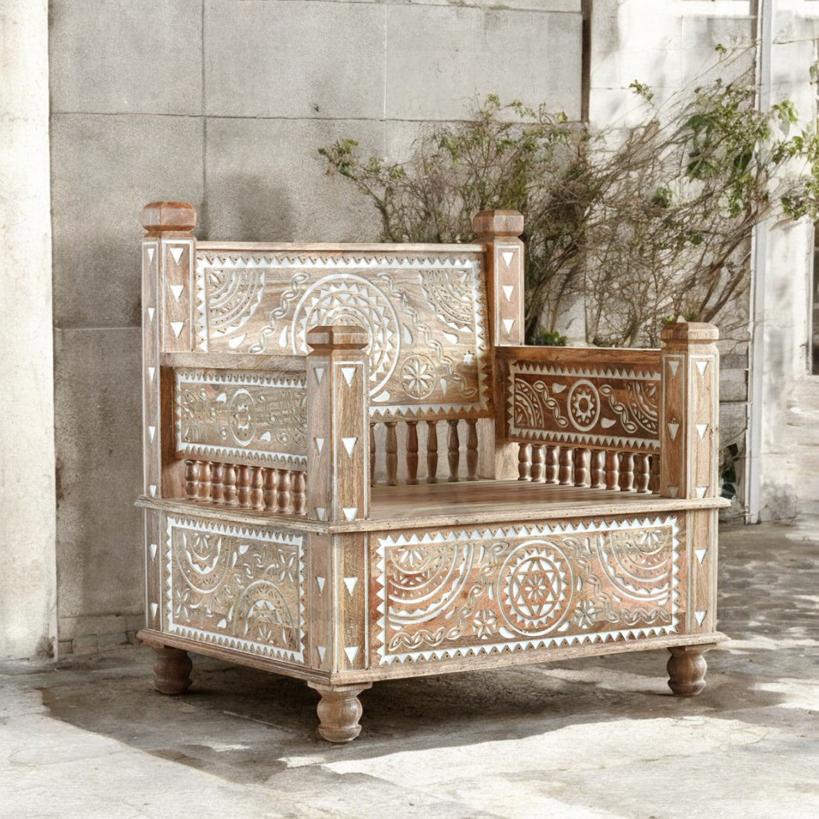 The Maharaja Wooden Sofa Set | 3+2+1 Handmade Mango Wood Seating ( White Engraving )