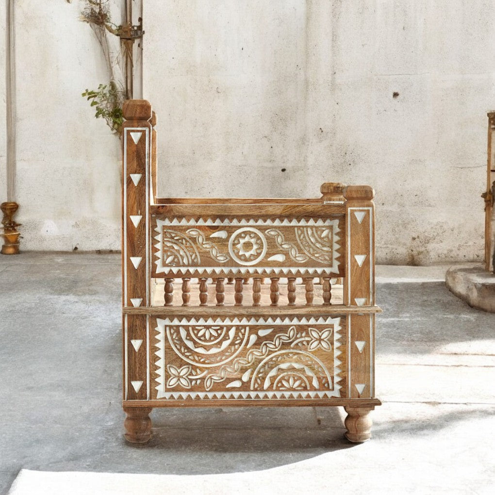 The Maharaja Wooden Sofa Set | 3+2+1 Handmade Mango Wood Seating ( White Engraving )
