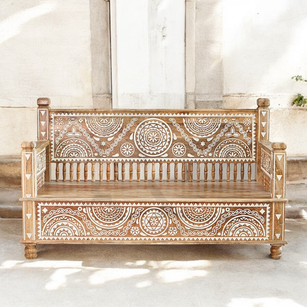 The Maharaja Wooden Sofa Set | 3+2+1 Handmade Mango Wood Seating ( White Engraving )