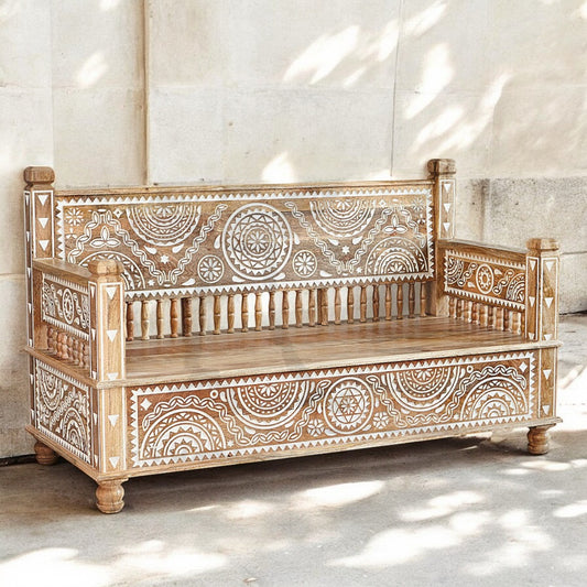 The Maharaja Wooden Sofa Set | 3+2+1 Handmade Mango Wood Seating ( White Engraving )