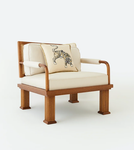 Rattan Detailed Walnut Lounge Armchair