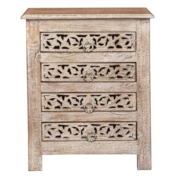 hand carved bedside table, mango wood bedside table, distressed bedside table, nightstand, 4 drawer bedside table, scroll carved bedside table, openwork bedside table, indian carved furniture, bedroom bedside table, bedroom nightstand, bedside storage, compact bedside table, handmade bedside table, artisan made nightstand, premium wood bedside table, quality wood furniture, durable nightstand, sturdy bedside table, timeless nightstand, elegant bedside table, heirloom nightstand, coastal bedside table, shabb