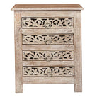 hand carved bedside table, mango wood bedside table, distressed bedside table, nightstand, 4 drawer bedside table, scroll carved bedside table, openwork bedside table, indian carved furniture, bedroom bedside table, bedroom nightstand, bedside storage, compact bedside table, handmade bedside table, artisan made nightstand, premium wood bedside table, quality wood furniture, durable nightstand, sturdy bedside table, timeless nightstand, elegant bedside table, heirloom nightstand, coastal bedside table, shabb