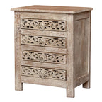 hand carved bedside table, mango wood bedside table, distressed bedside table, nightstand, 4 drawer bedside table, scroll carved bedside table, openwork bedside table, indian carved furniture, bedroom bedside table, bedroom nightstand, bedside storage, compact bedside table, handmade bedside table, artisan made nightstand, premium wood bedside table, quality wood furniture, durable nightstand, sturdy bedside table, timeless nightstand, elegant bedside table, heirloom nightstand, coastal bedside table, shabb