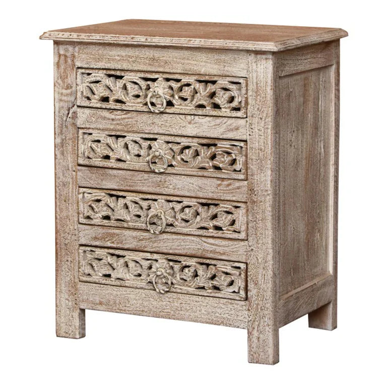 hand carved bedside table, mango wood bedside table, distressed bedside table, nightstand, 4 drawer bedside table, scroll carved bedside table, openwork bedside table, indian carved furniture, bedroom bedside table, bedroom nightstand, bedside storage, compact bedside table, handmade bedside table, artisan made nightstand, premium wood bedside table, quality wood furniture, durable nightstand, sturdy bedside table, timeless nightstand, elegant bedside table, heirloom nightstand, coastal bedside table, shabb