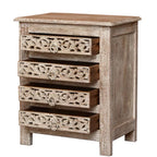hand carved bedside table, mango wood bedside table, distressed bedside table, nightstand, 4 drawer bedside table, scroll carved bedside table, openwork bedside table, indian carved furniture, bedroom bedside table, bedroom nightstand, bedside storage, compact bedside table, handmade bedside table, artisan made nightstand, premium wood bedside table, quality wood furniture, durable nightstand, sturdy bedside table, timeless nightstand, elegant bedside table, heirloom nightstand, coastal bedside table, shabb