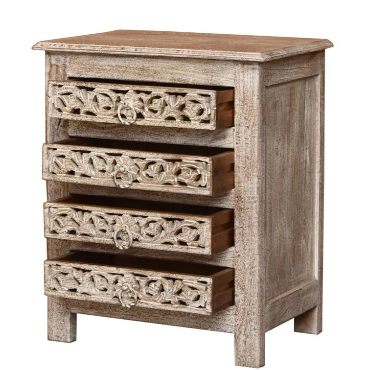 hand carved bedside table, mango wood bedside table, distressed bedside table, nightstand, 4 drawer bedside table, scroll carved bedside table, openwork bedside table, indian carved furniture, bedroom bedside table, bedroom nightstand, bedside storage, compact bedside table, handmade bedside table, artisan made nightstand, premium wood bedside table, quality wood furniture, durable nightstand, sturdy bedside table, timeless nightstand, elegant bedside table, heirloom nightstand, coastal bedside table, shabb