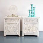 hand carved bedside table, mango wood bedside table, whitewashed bedside table, nightstand, 1 drawer bedside table, 1 door bedside table, lotus carved bedside table, medallion bedside table, indian carved furniture, bedroom bedside table, bedroom nightstand, bedside storage, handmade bedside table, artisan made nightstand, premium wood bedside table, quality wood furniture, durable nightstand, sturdy bedside table, timeless nightstand, elegant bedside table, heirloom nightstand, coastal bedside table, shabb