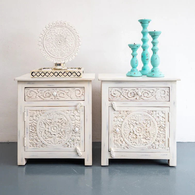 hand carved bedside table, mango wood bedside table, whitewashed bedside table, nightstand, 1 drawer bedside table, 1 door bedside table, lotus carved bedside table, medallion bedside table, indian carved furniture, bedroom bedside table, bedroom nightstand, bedside storage, handmade bedside table, artisan made nightstand, premium wood bedside table, quality wood furniture, durable nightstand, sturdy bedside table, timeless nightstand, elegant bedside table, heirloom nightstand, coastal bedside table, shabb