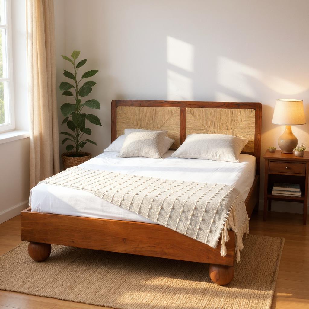 Thread Loom Queen Bed | Handcrafted Acacia Wood Bed with Thread-Woven Headboard | J.L.HOME DECOR