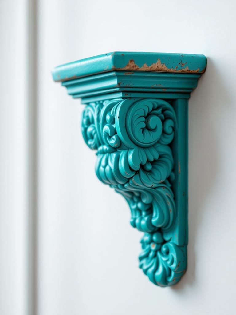 Turquoise Victorian decorative wall corbel shelf bracket with floral carvings - 20×25 cm ornate shelf support