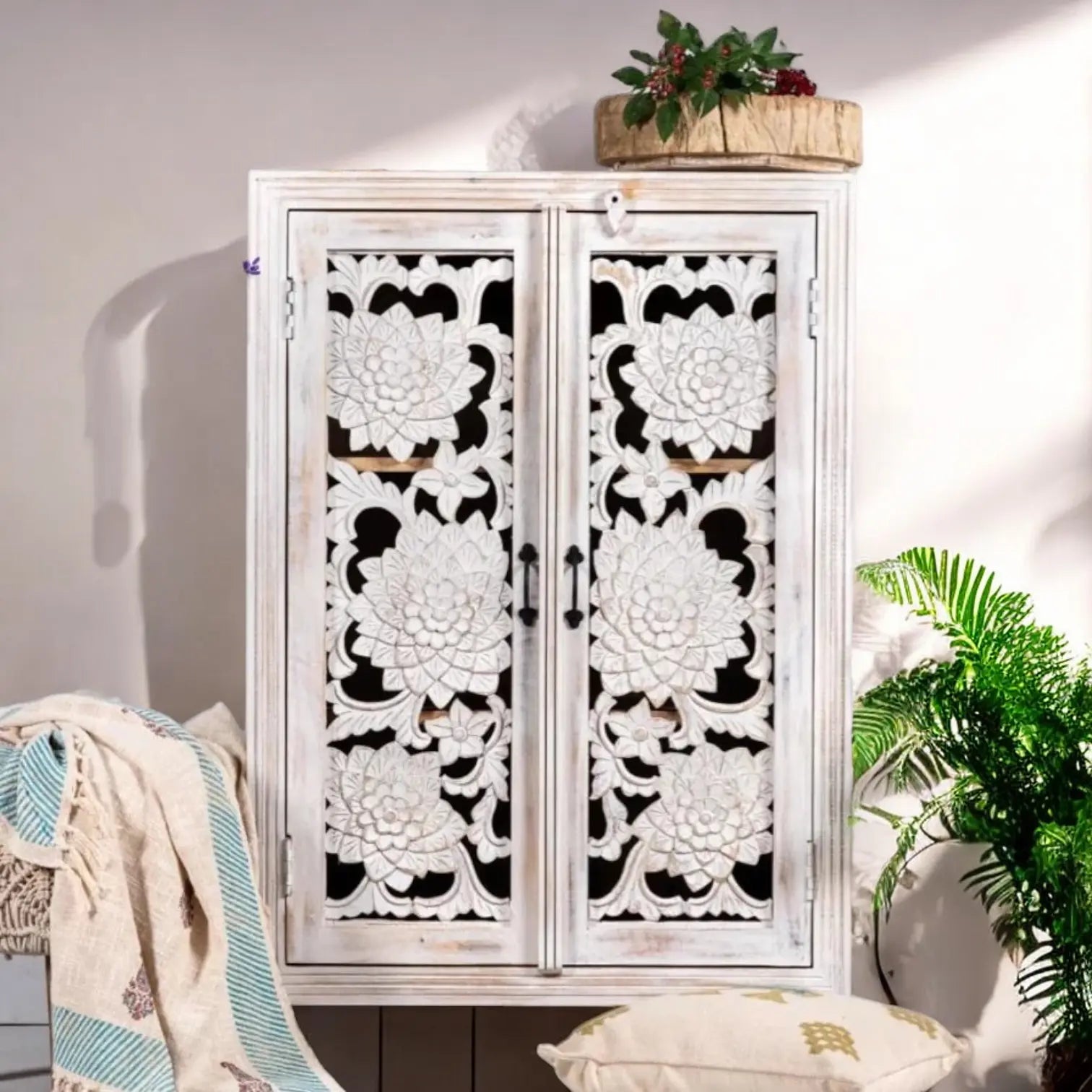 White Rustic Two Carving Door Cabinet Solid Wood - solid wooden cabinet cabinet  accent furniture jlhomedecor2021.myshopify.com