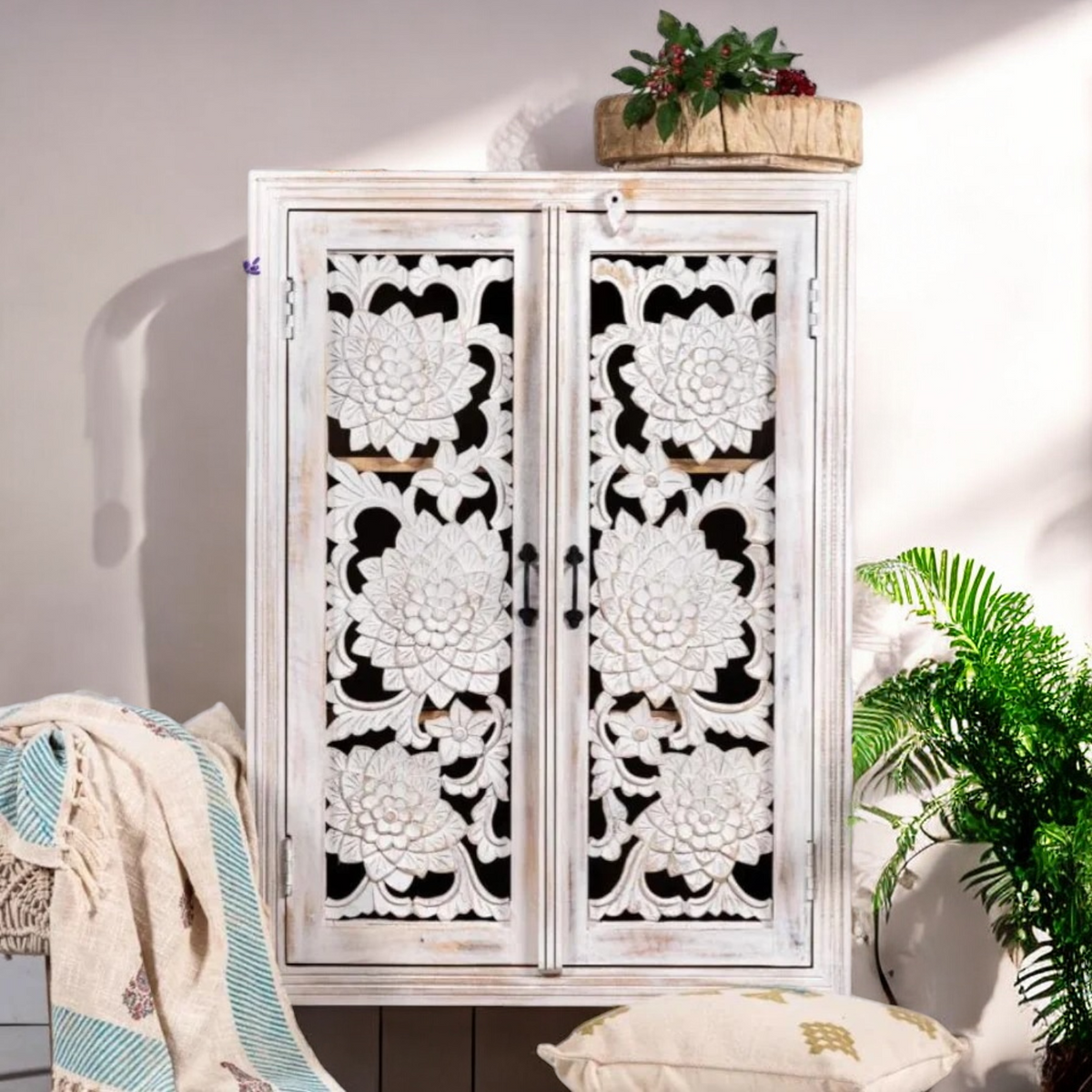 White Rustic Two Carving Door Cabinet Solid Wood