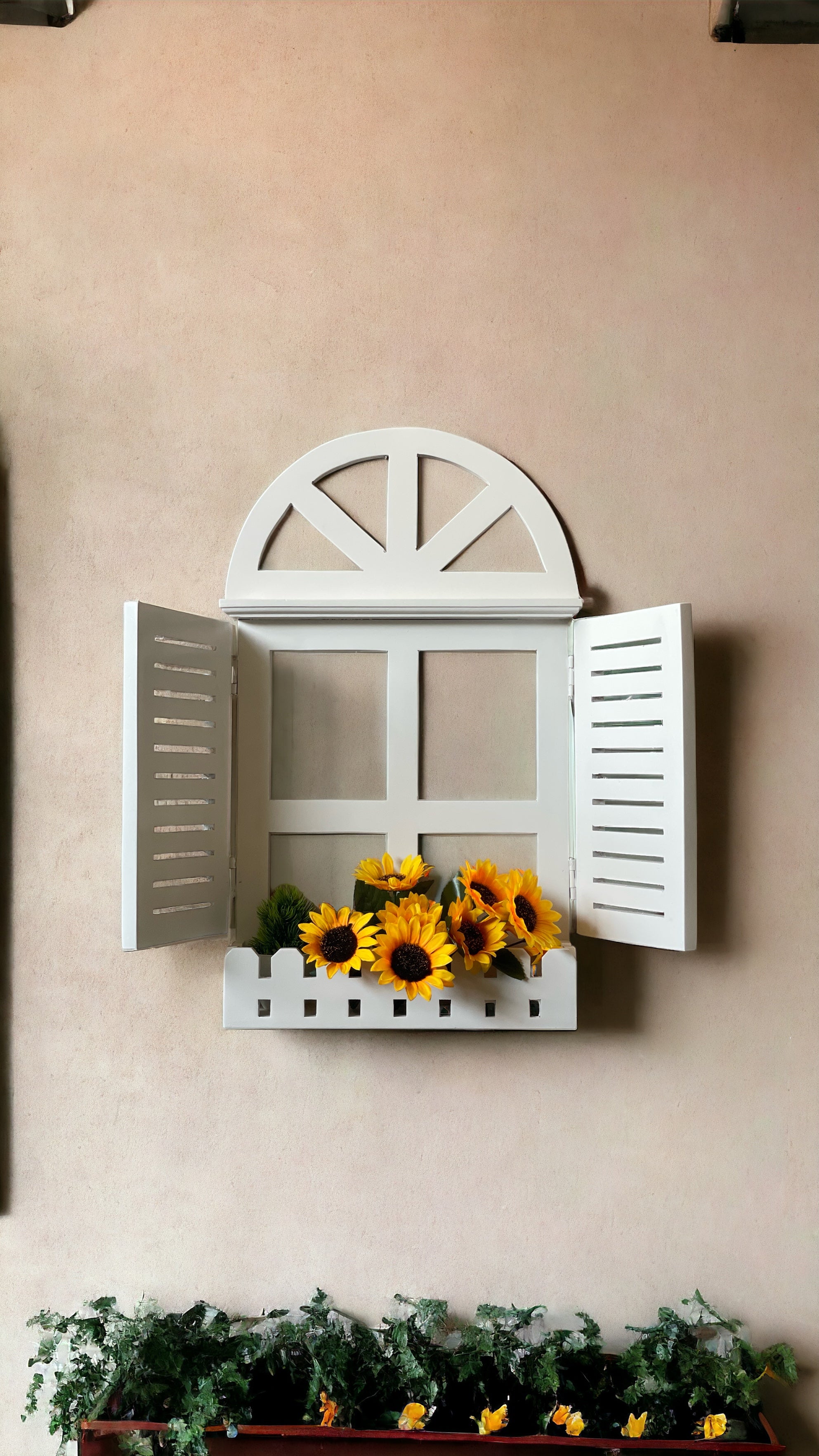 Handcrafted Fake Window Wall Decor in Large (75x41 cm) and Small (55x33.5 cm) sizes, made of high-quality wood. Perfect for living room, bedroom, and dining area wall decor. Adds rustic charm and the illusion of a window to any wall. Ideal for indoor and outdoor spaces, balcony wall decor, and plant wall displays. Made in Jodhpur (Rajasthan).