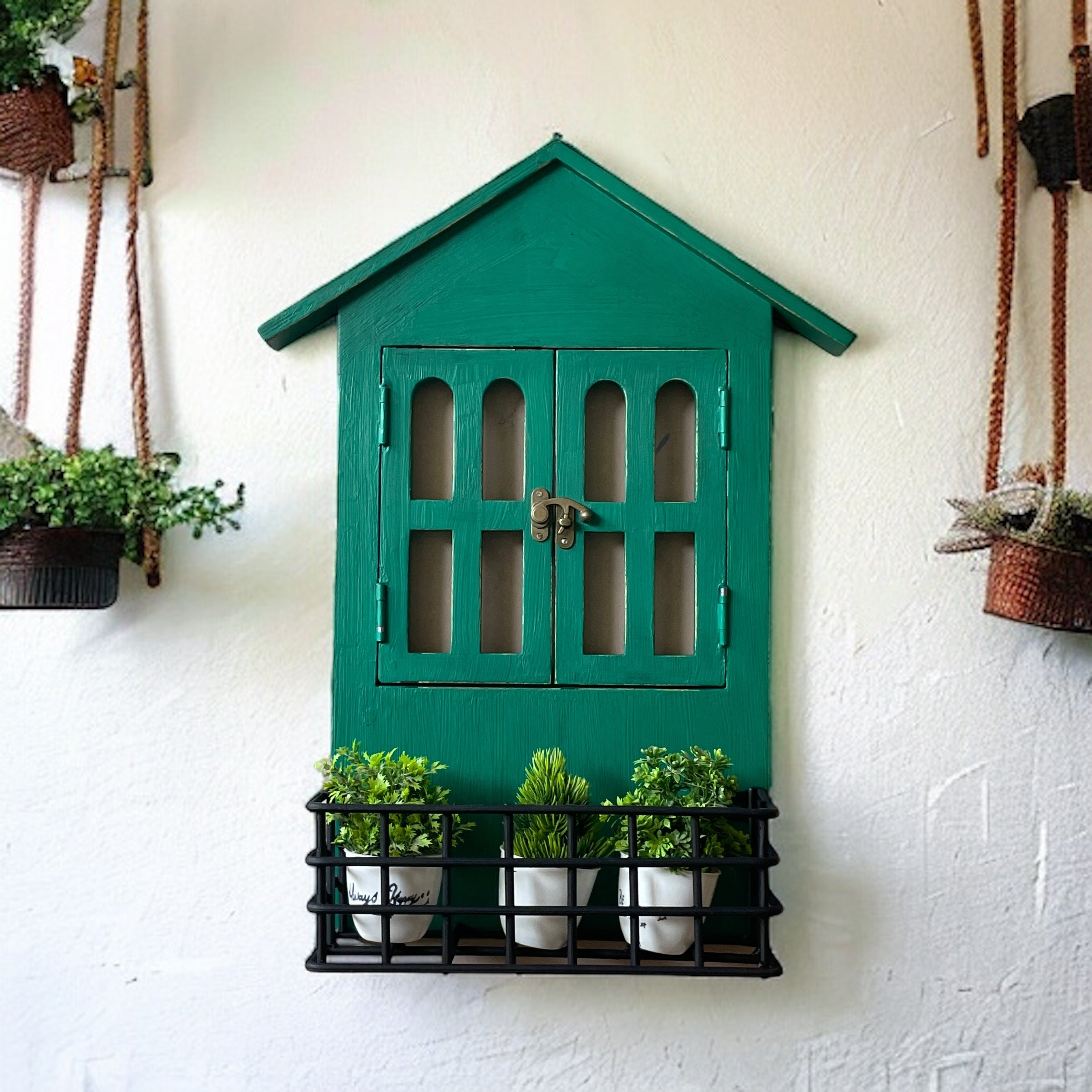 Window Mirror Design: House Window Mirror with Iron Shelf | 57x15x38 cms