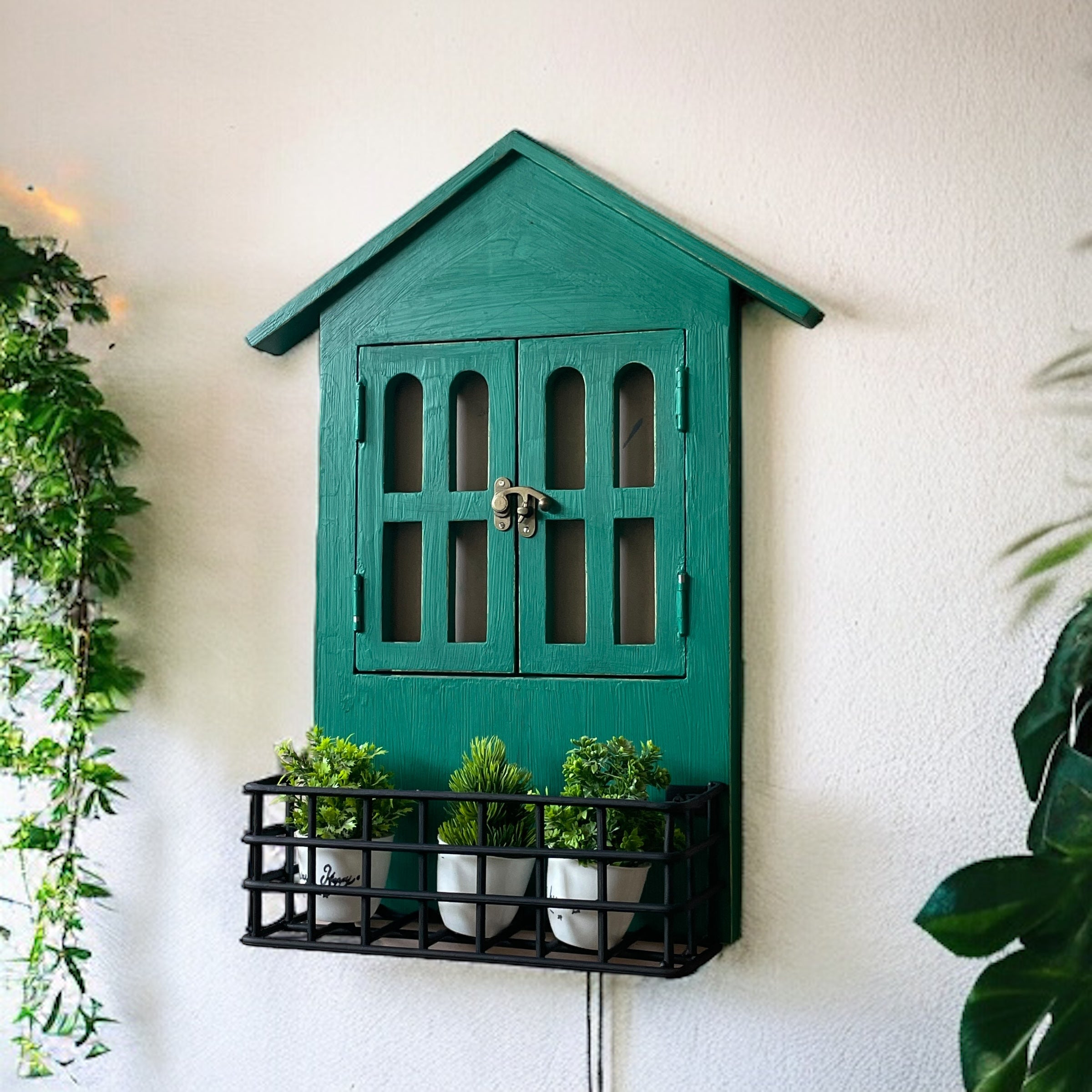 Window Mirror Design: House Window Mirror with Iron Shelf | 57x15x38 cms