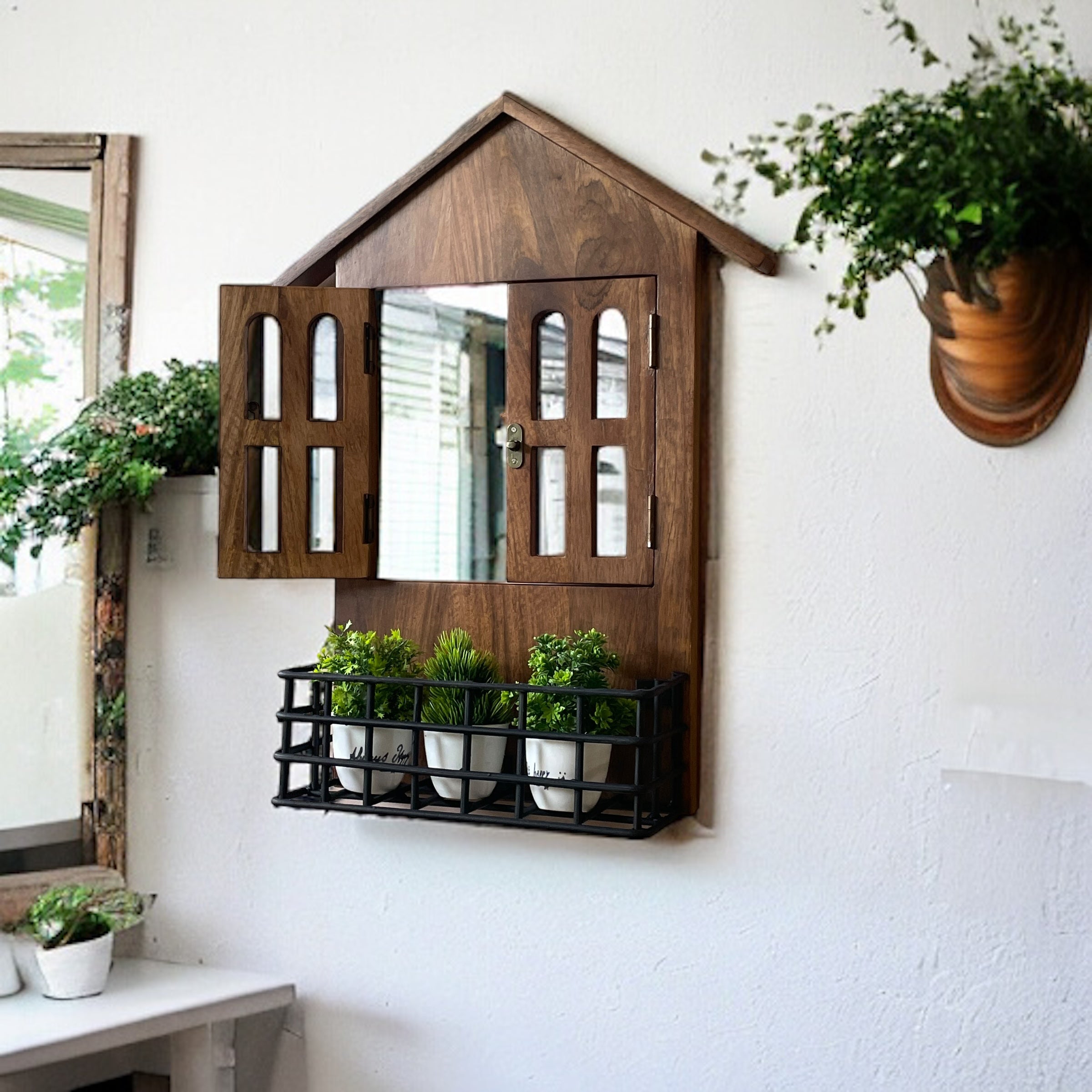 Window Mirror Design: House Window Mirror with Iron Shelf | 57x15x38 cms