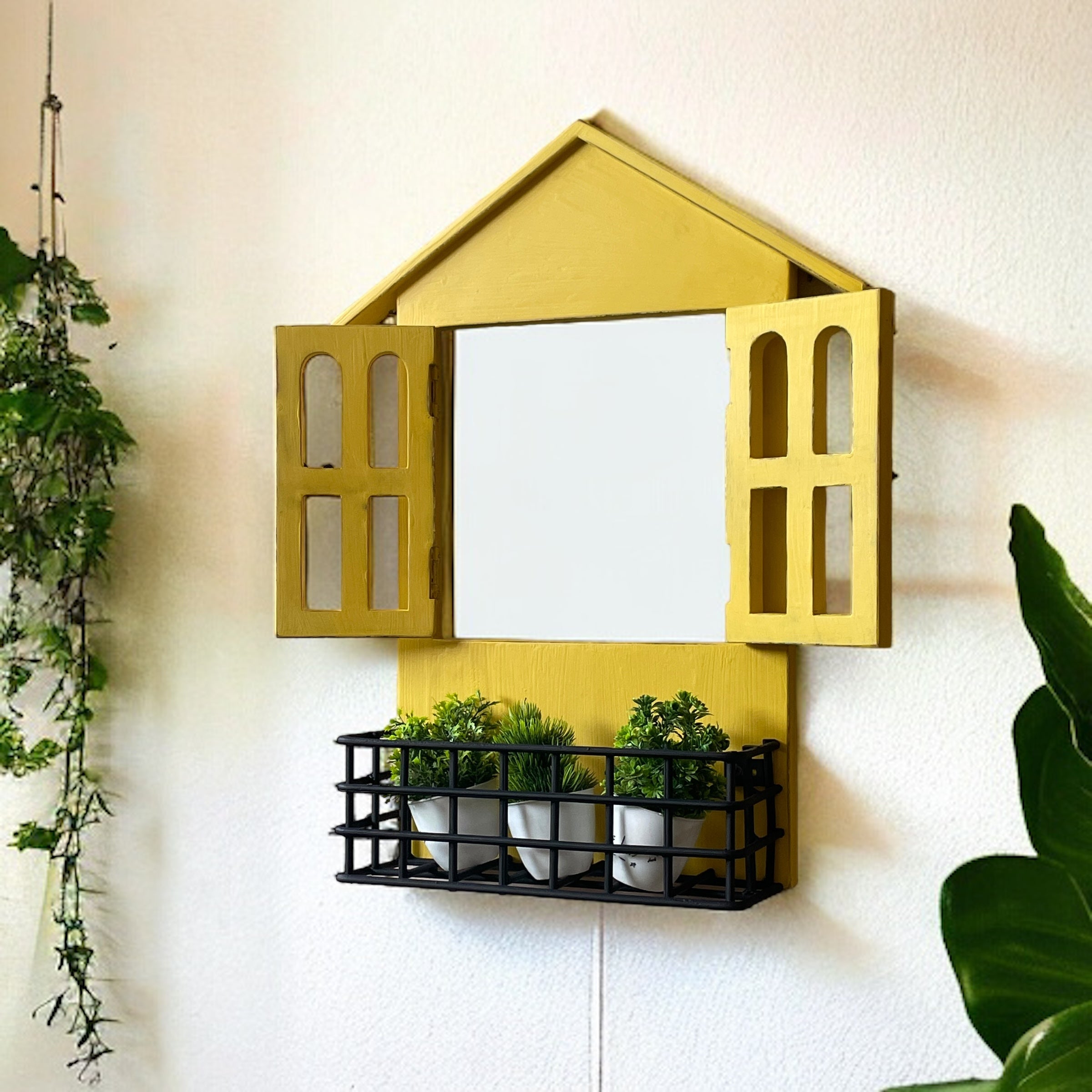 Window Mirror Design: House Window Mirror with Iron Shelf | 57x15x38 cms