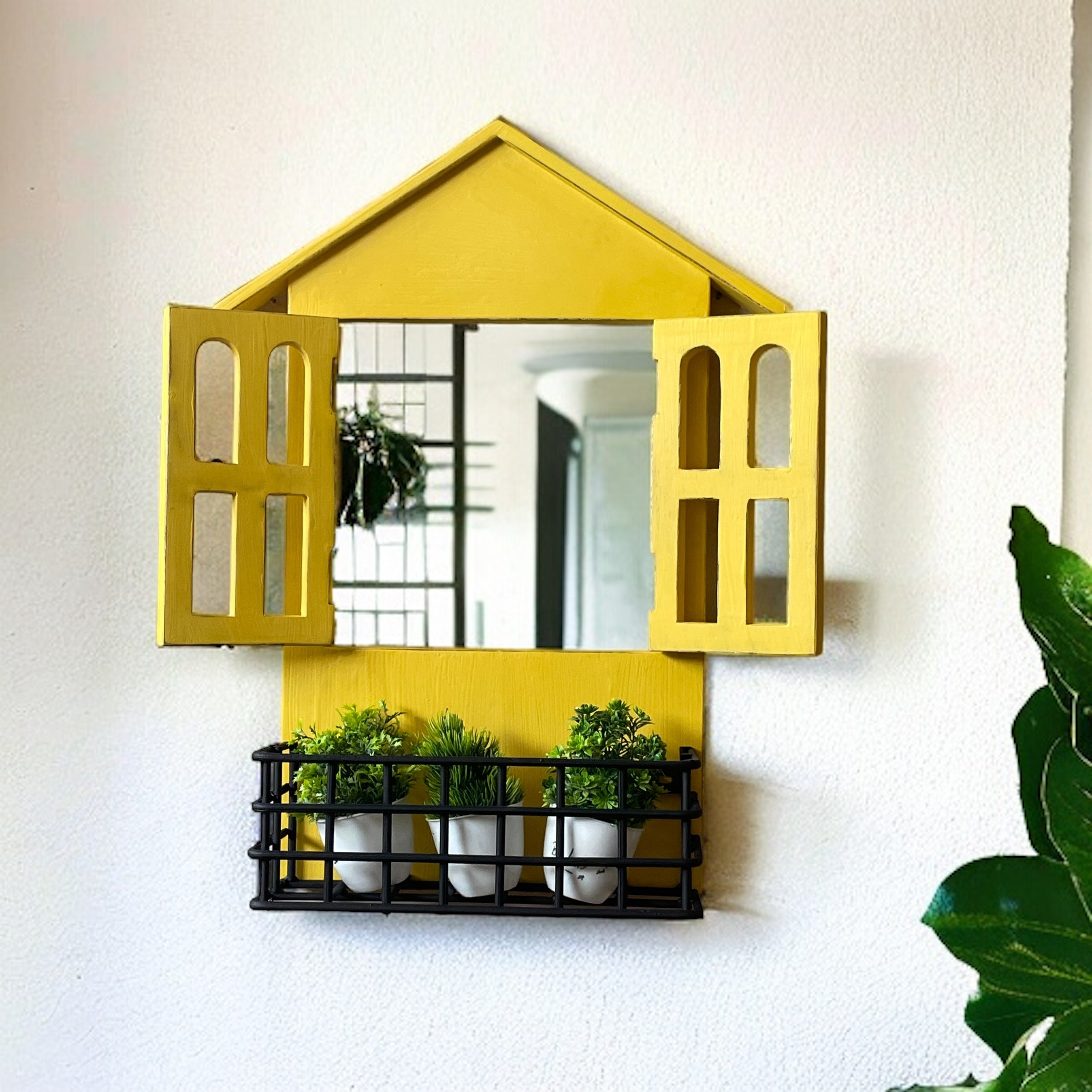 Window Mirror Design: House Window Mirror with Iron Shelf | 57x15x38 cms