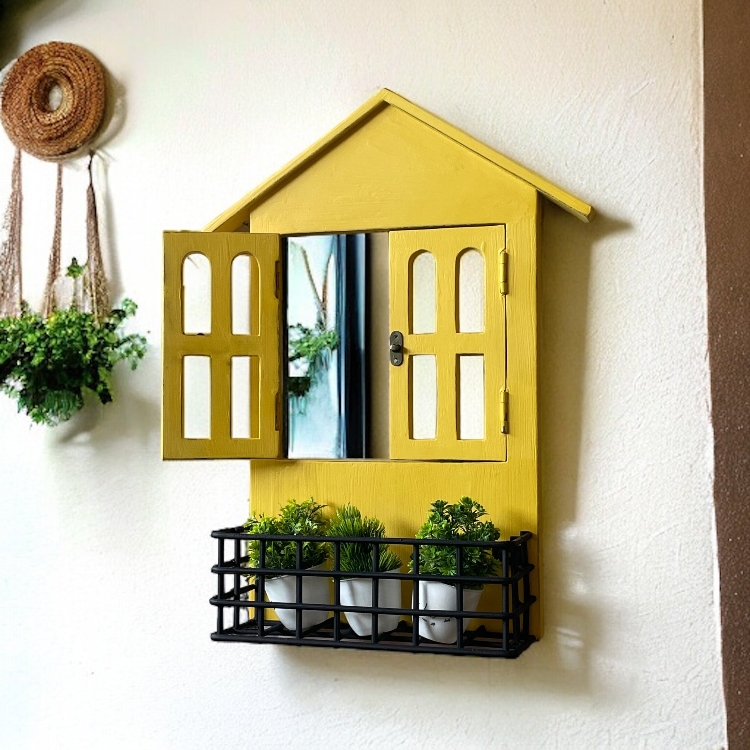 Window Mirror Design: House Window Mirror with Iron Shelf | 57x15x38 cms