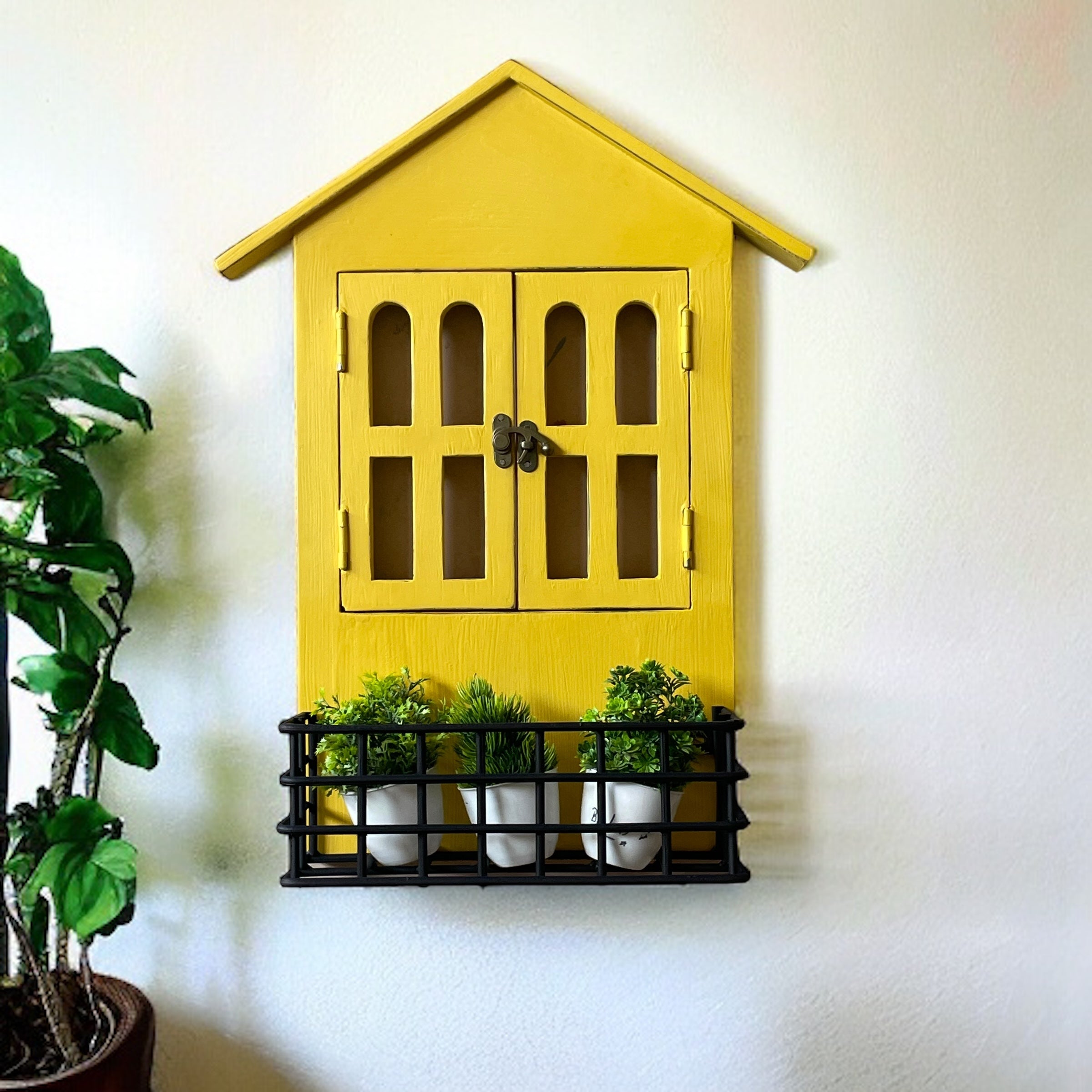 Window Mirror Design: House Window Mirror with Iron Shelf | 57x15x38 cms