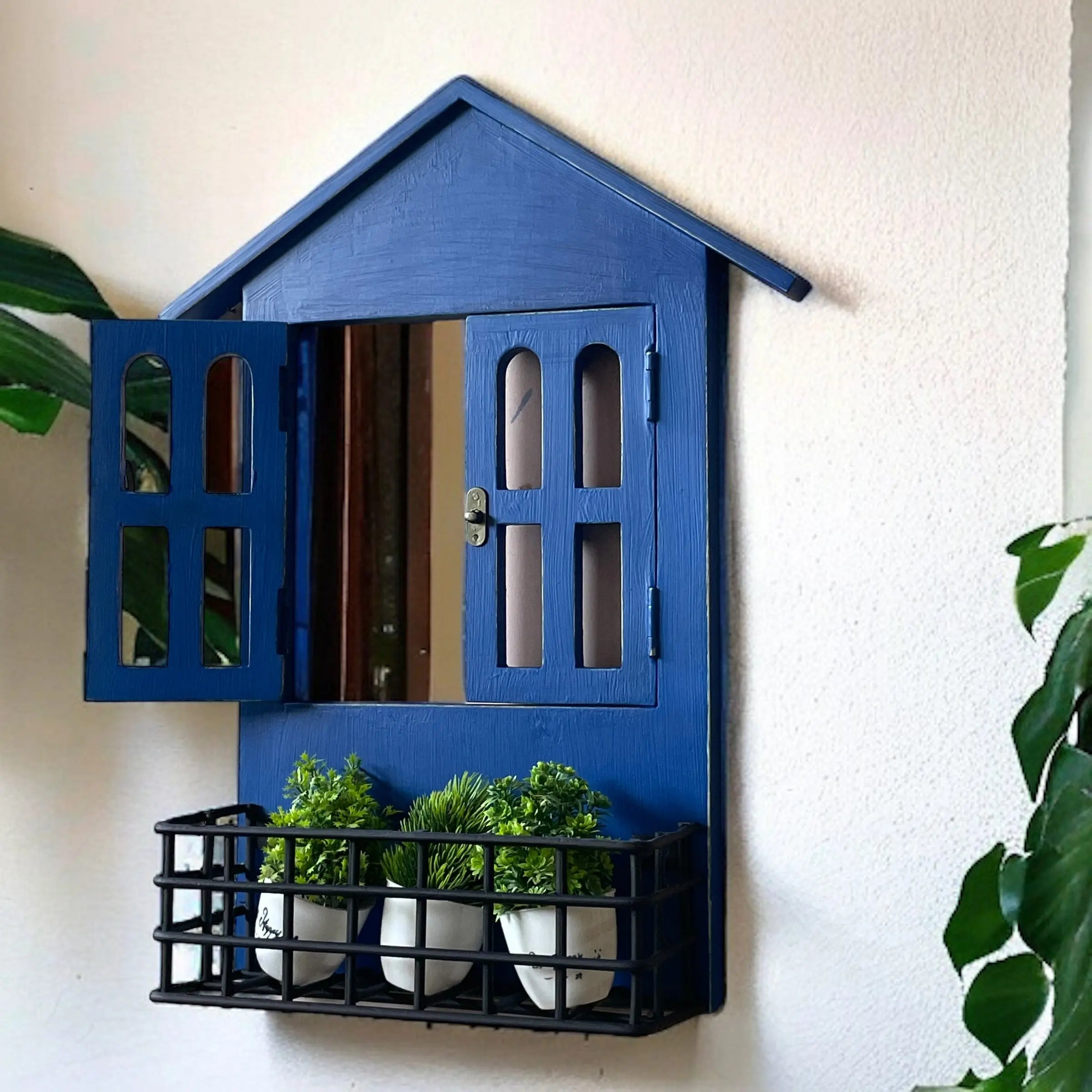 Window Mirror Design: House Window Mirror with Iron Shelf | 57x15x38 cms Mirror BLUE arched wall mirror jlhomedecor2021.myshopify.com