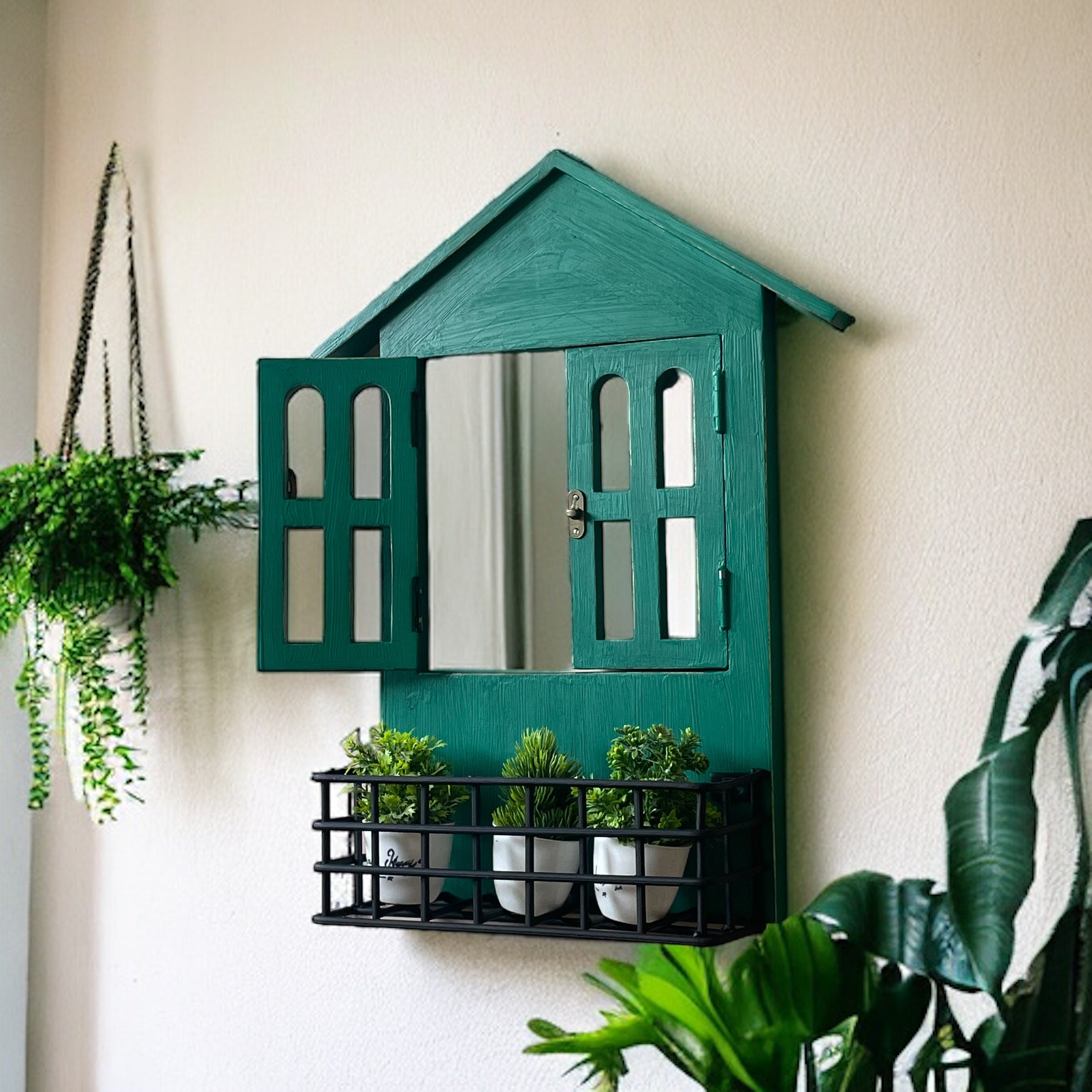 Window Mirror Design: House Window Mirror with Iron Shelf | 57x15x38 cms
