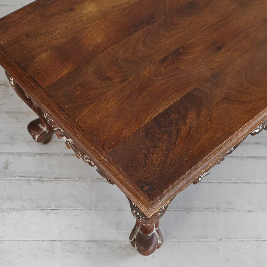 Hand‑Carved Mango Wood Coffee Table — Cabriole Legs, Floral Apron Carving, 91 × 60 × 47 cm