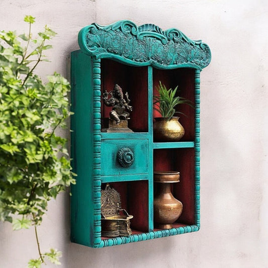 Vintage Blue Hand Carved Wooden Wall Shelf Cabinet - Ornate Jharokha-Style Display Unit