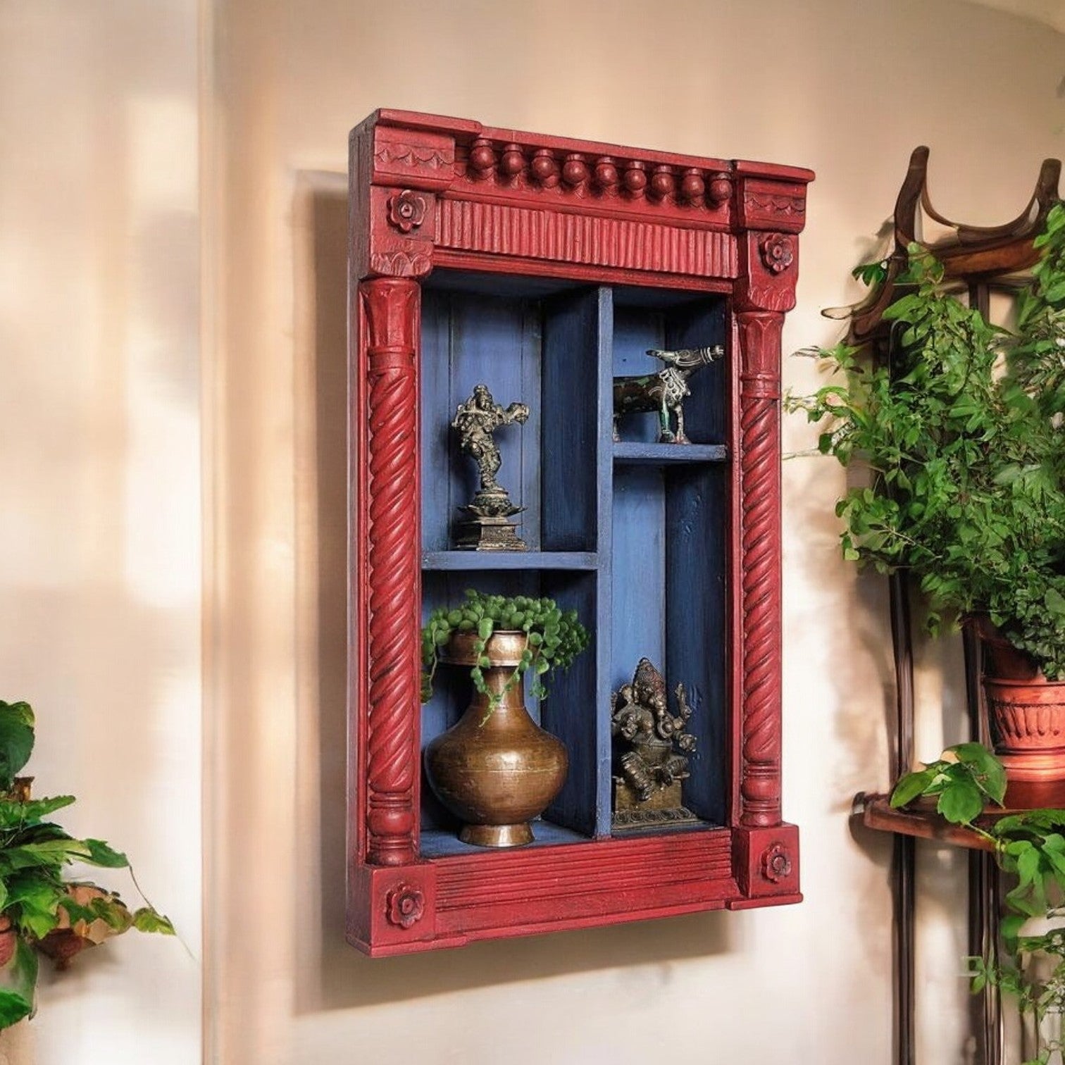 Vintage Red Hand Carved Wooden Wall Shelf Cabinet – Antique Jharokha-Style Display Unit