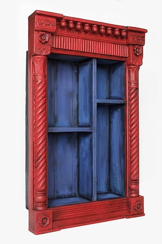 Vintage Red Hand Carved Wooden Wall Shelf Cabinet – Antique Jharokha-Style Display Unit