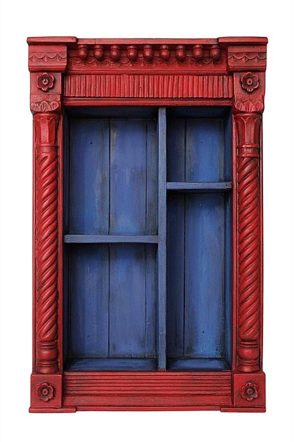 Spacious interior of antique red wall shelf cabinet showing multiple display compartments