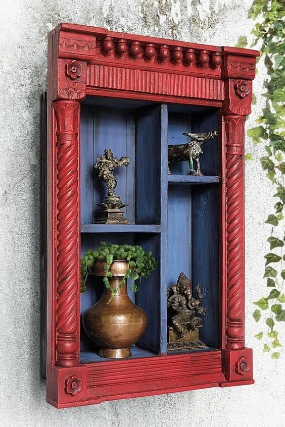 Vintage red hand carved wooden wall shelf cabinet with intricate designs - 48×75 cm Jharokha-style display unit