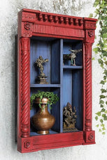 Vintage red hand carved wooden wall shelf cabinet with intricate designs - 48×75 cm Jharokha-style display unit