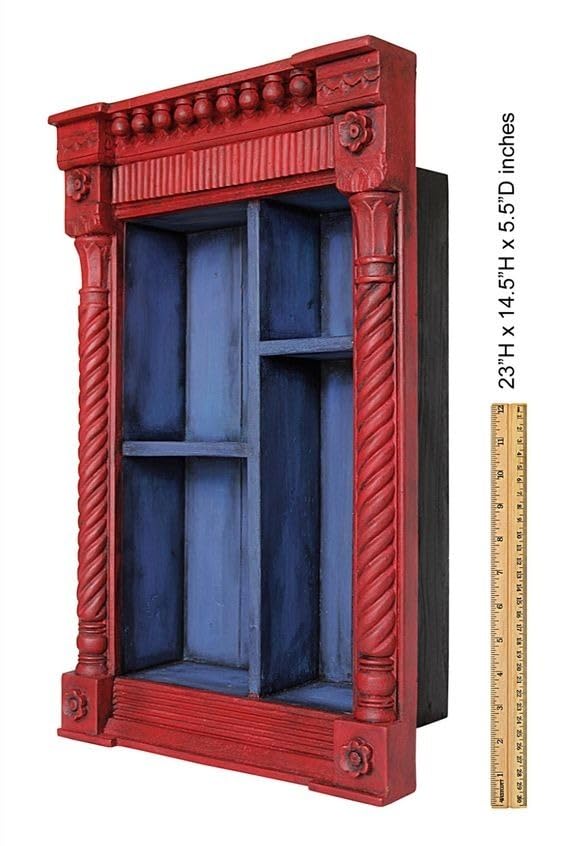 Vintage Red Hand Carved Wooden Wall Shelf Cabinet – Antique Jharokha-Style Display Unit