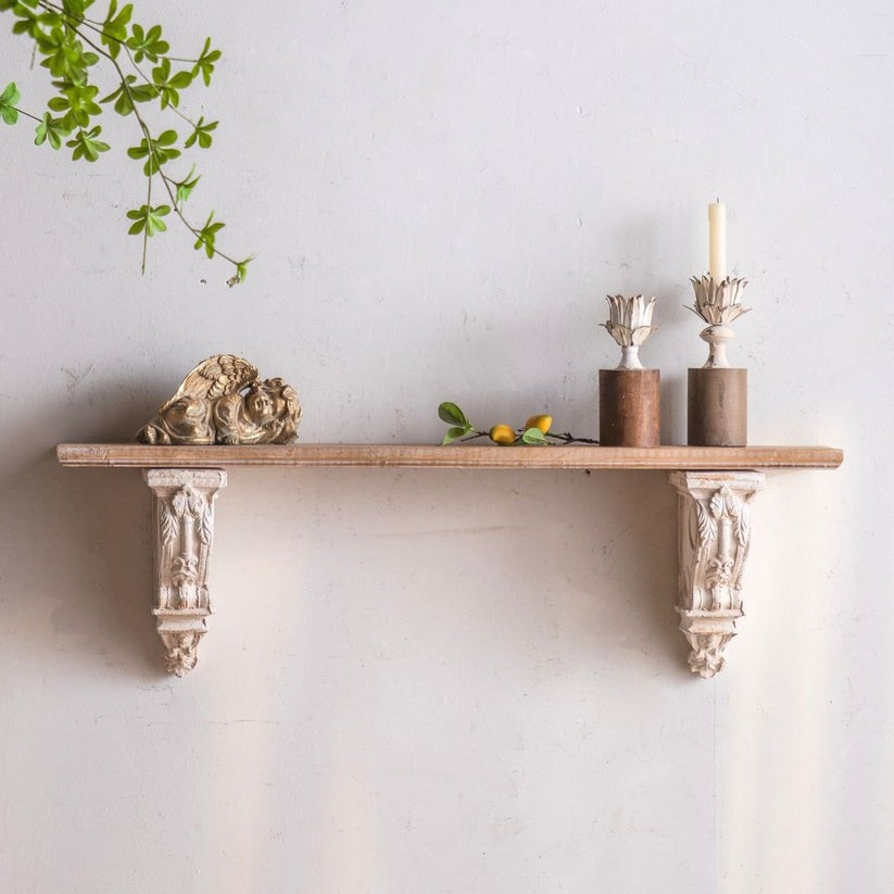 Rustic Large Wooden Wall Shelf – Handcarved Decorative Shelf for Living Room & Bedroom