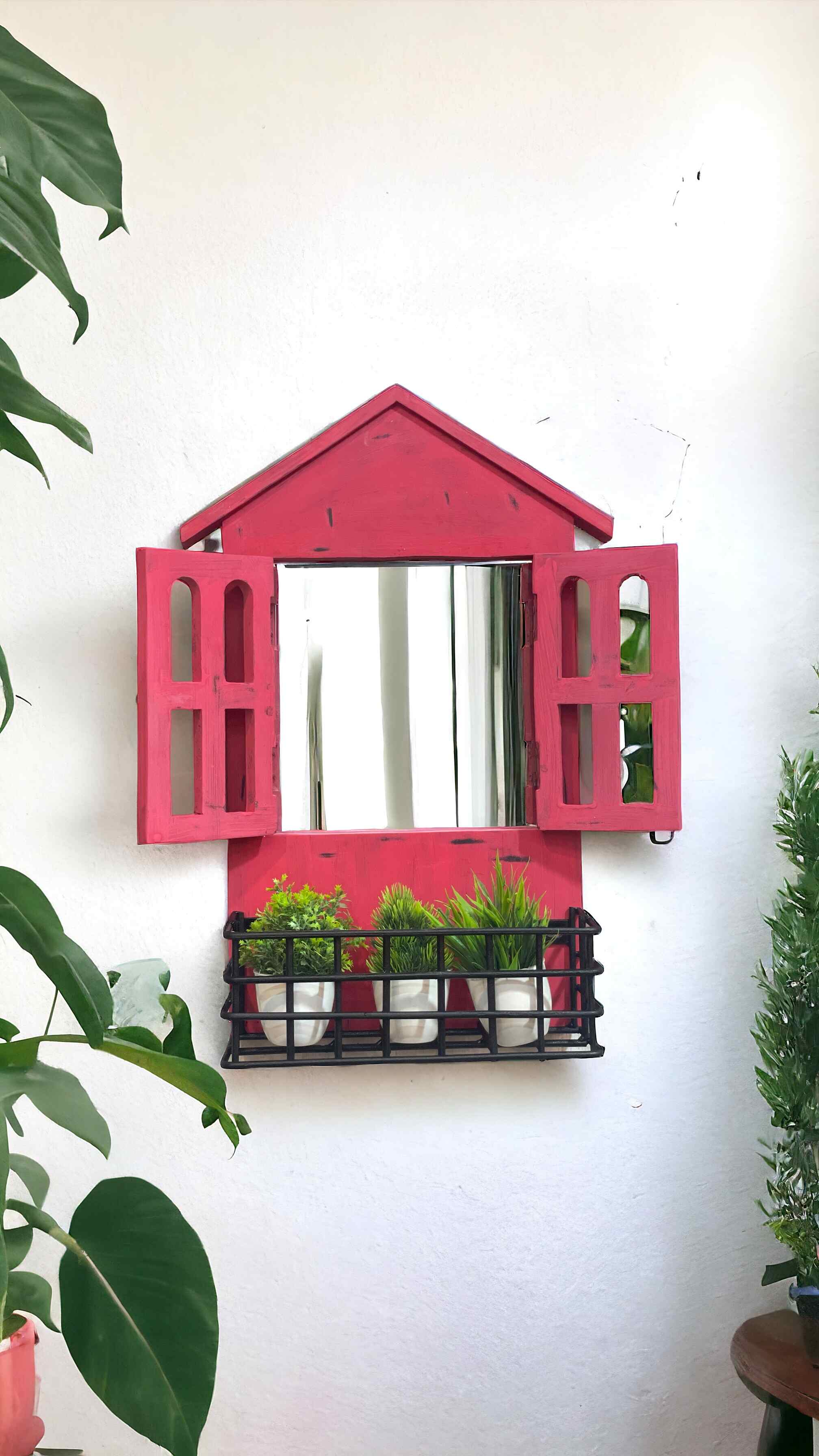 Window Merror Design Window Mirror Design: House Window Mirror with Iron Shelf | 57x15x38 ...