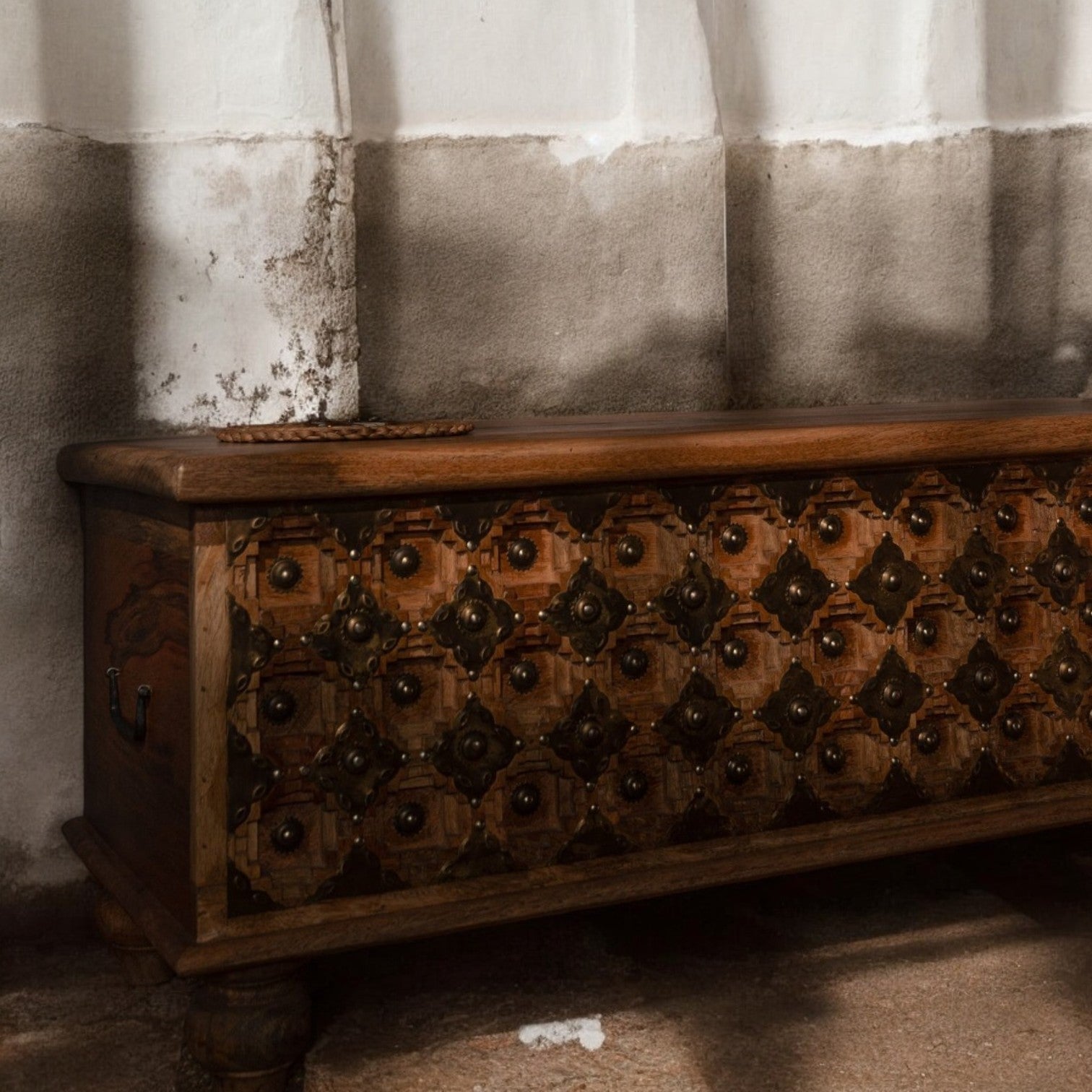 Decorative Wooden Chest with Brass Inlay - Walnut Finish