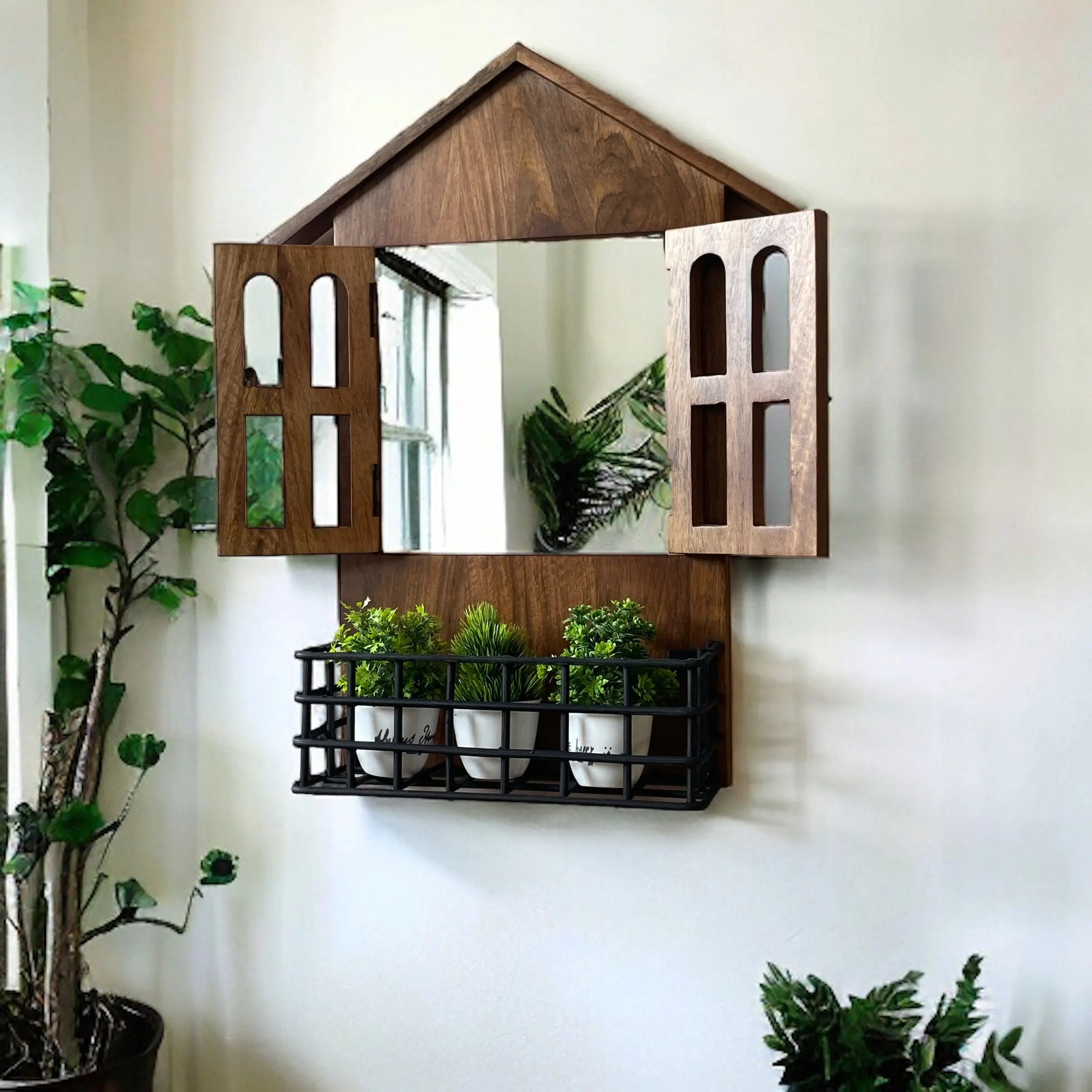 Window Mirror Design: House Window Mirror with Iron Shelf | 57x15x38 cms Mirror WALNUT arched wall mirror jlhomedecor2021.myshopify.com