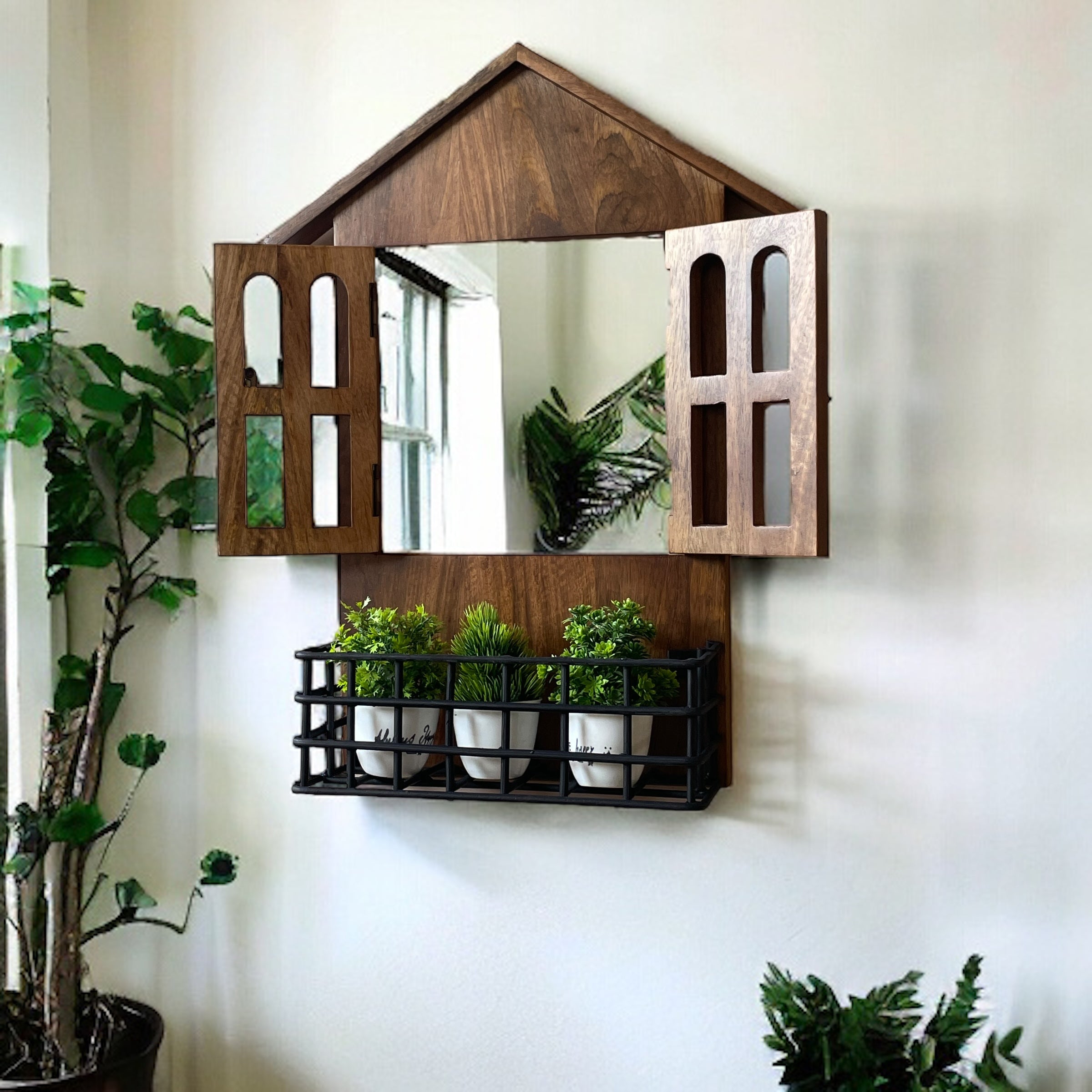 Window Small Box Mirror Window Mirror Design: House Window Mirror with Iron Shelf | 57x15x38 ...