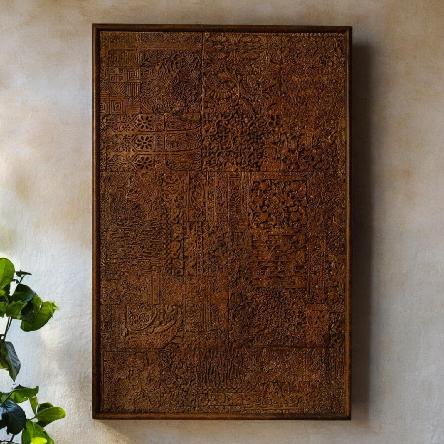 Decorative carved wooden panel with detailed floral and geometric patterns, perfect as handcrafted wall decor.
