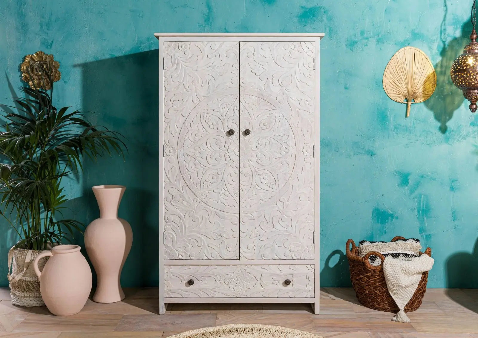 Wardrobe Mango 108x64x180 white Wardrobe 108cm width carved Mango wood wardrobe jlhomedecor2021.myshopify.com