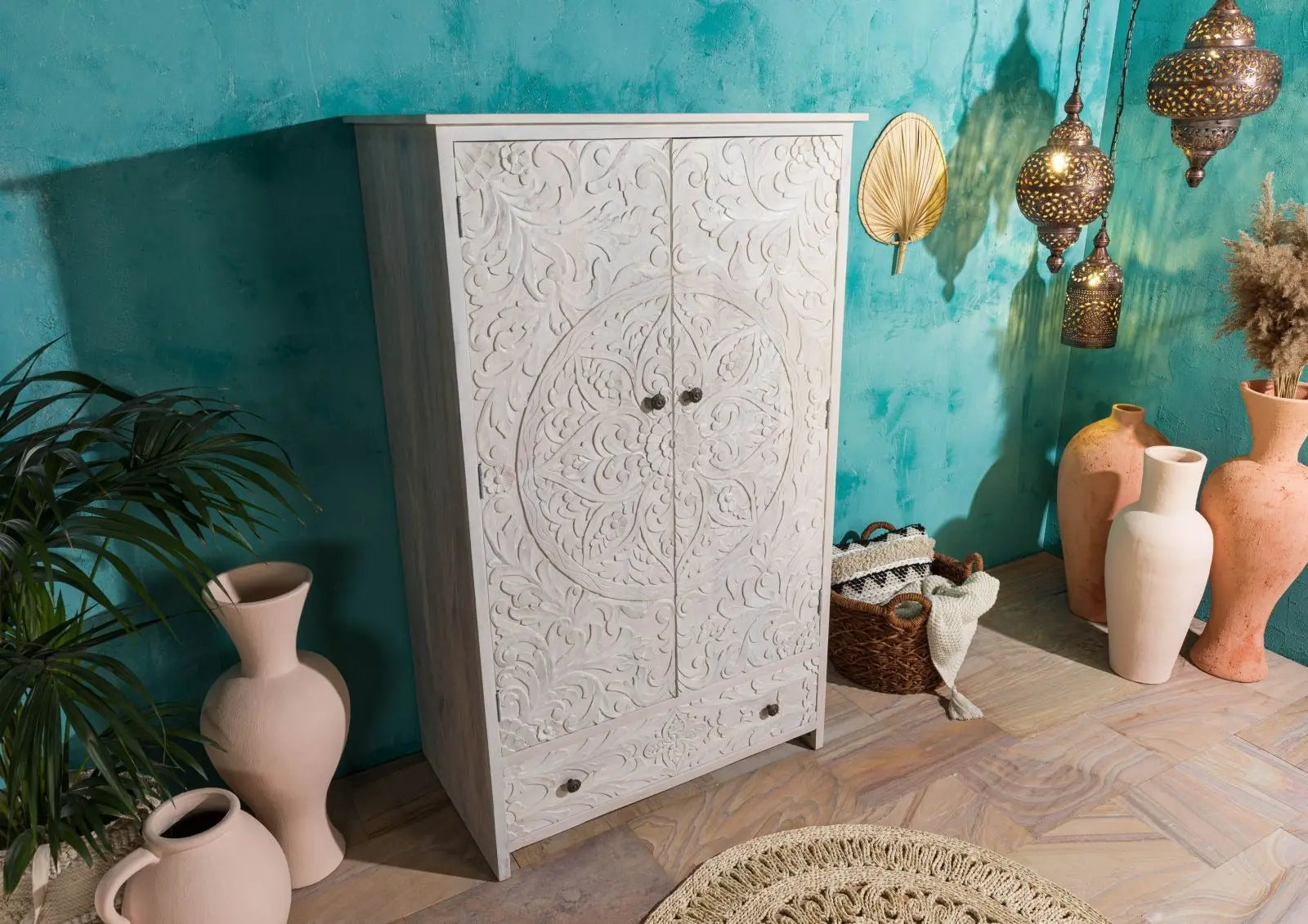 Wardrobe Mango 108x64x180 white Wardrobe 108cm width carved Mango wood wardrobe jlhomedecor2021.myshopify.com