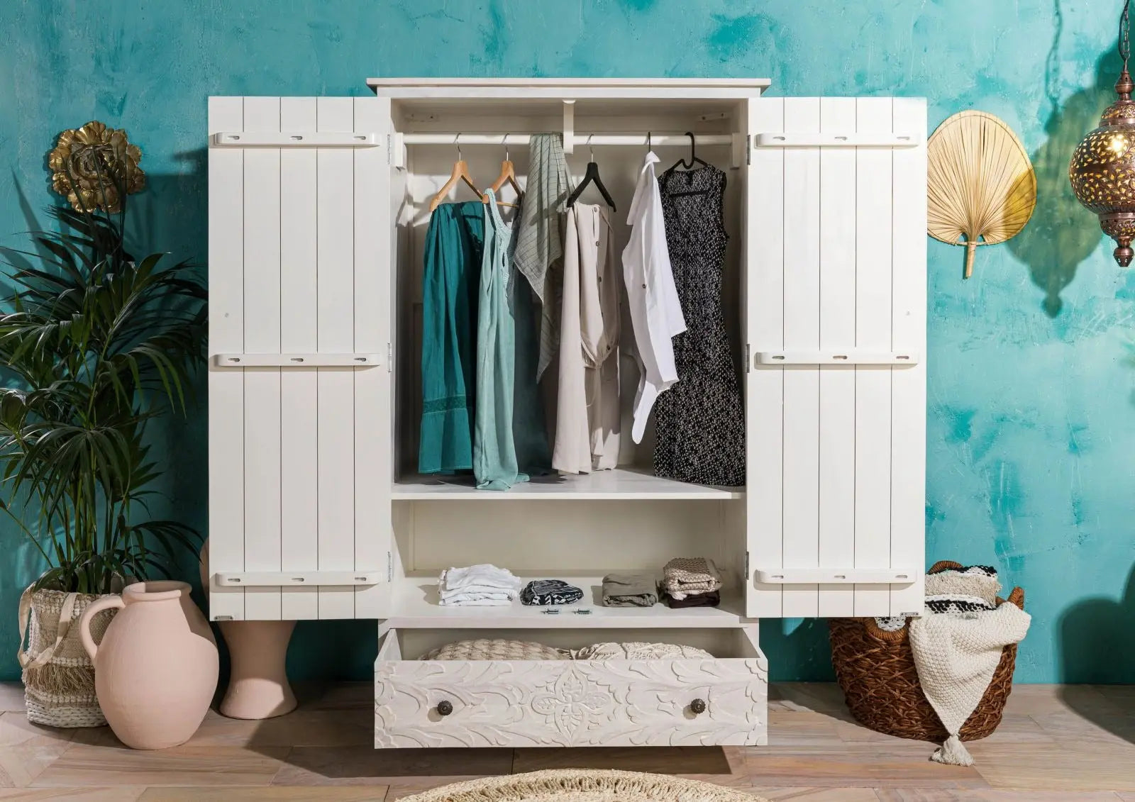 Wardrobe Mango 108x64x180 white Wardrobe 108cm width carved Mango wood wardrobe jlhomedecor2021.myshopify.com