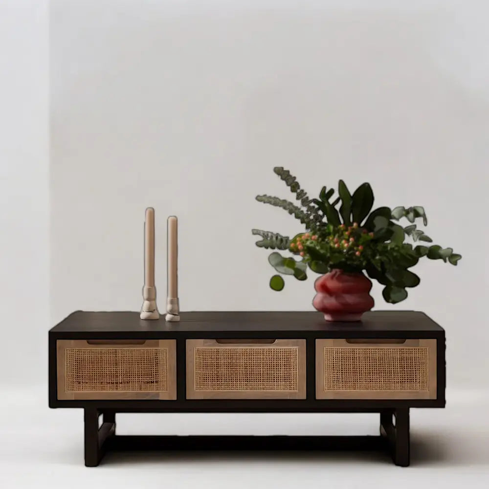 dark wood coffee table/drawer coffee table/Three Drawer Cane Black Solid Wood Coffee Table coffee table  antique wood coffee table jlhomedecor2021.myshopify.com