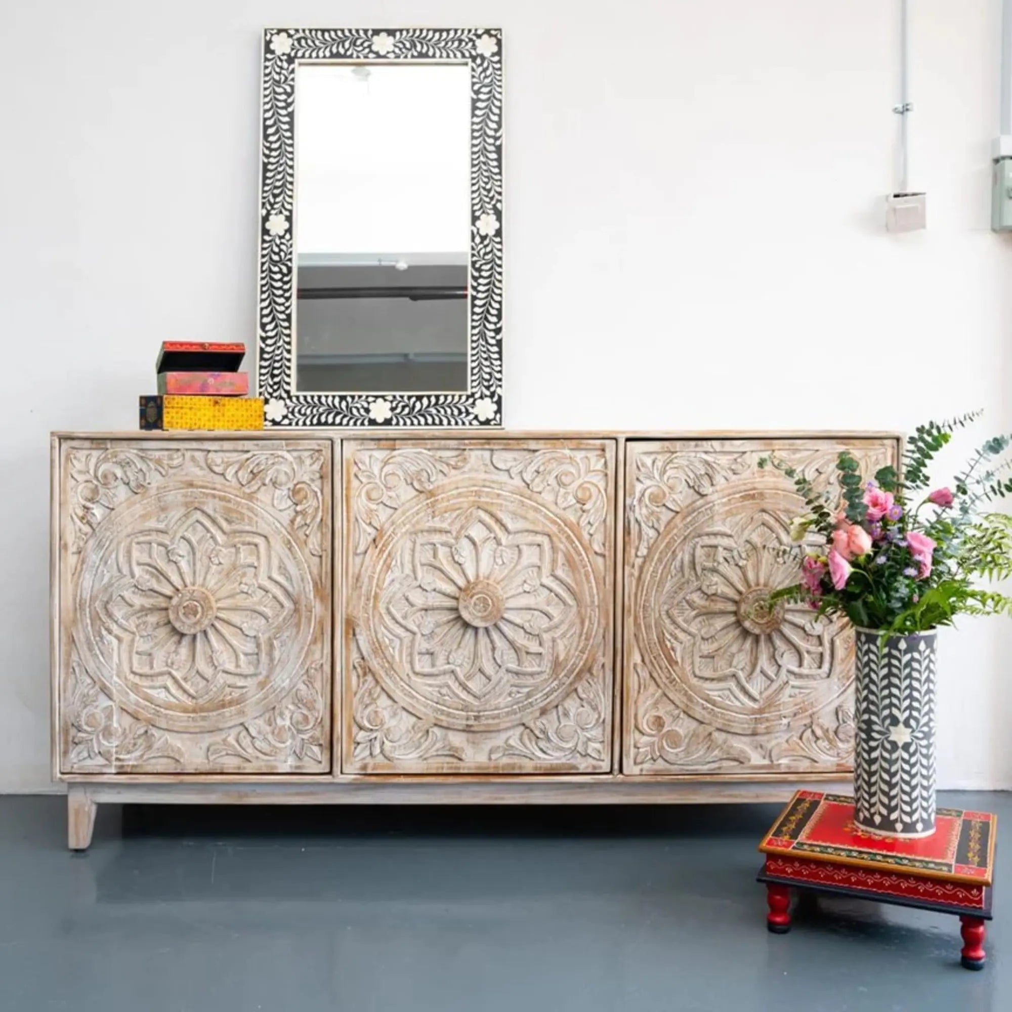 Carved 3 Door Buffet Sideboard in Solid Hard Wood Sideboard  carved jlhomedecor2021.myshopify.com