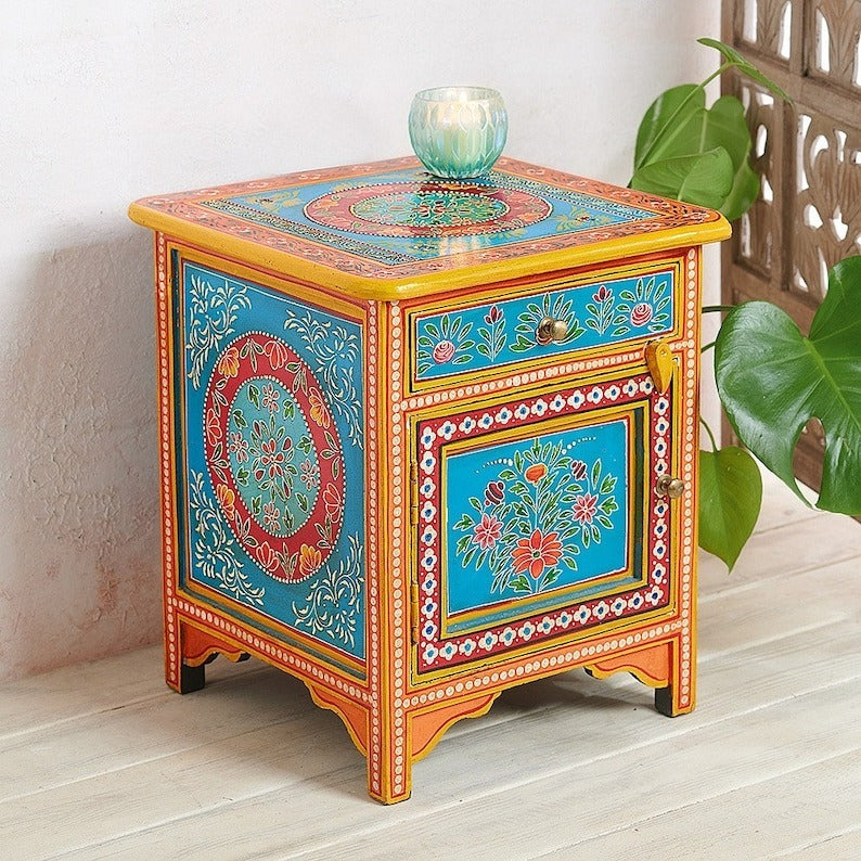 Hand Painted Side Table | Wooden Cabinet | Bedside | Side Decor - J.L.HOME DECOR